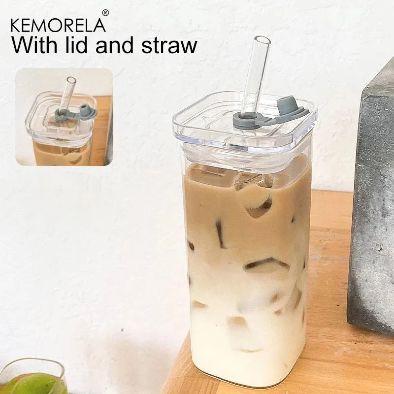 1/2Pc Square Heat Resistant Coffee Glass Cup with Lid and Straw Transparent Milk Tea Juice Cup Coffee Mug for Home Bar Drinkware