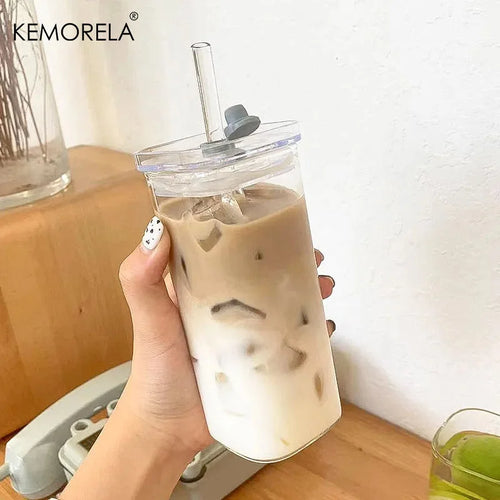 1/2Pc Square Heat Resistant Coffee Glass Cup with Lid and Straw Transparent Milk Tea Juice Cup Coffee Mug for Home Bar Drinkware