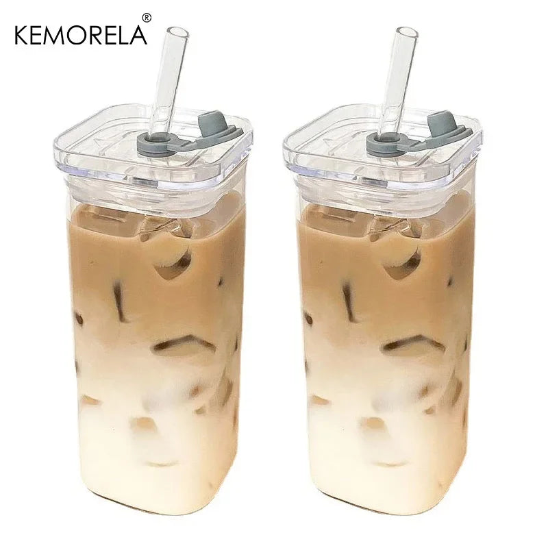 1/2Pc Square Heat Resistant Coffee Glass Cup with Lid and Straw Transparent Milk Tea Juice Cup Coffee Mug for Home Bar Drinkware
