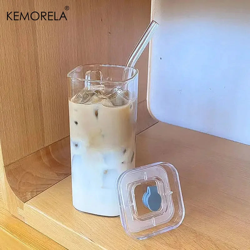1/2Pc Square Heat Resistant Coffee Glass Cup with Lid and Straw Transparent Milk Tea Juice Cup Coffee Mug for Home Bar Drinkware