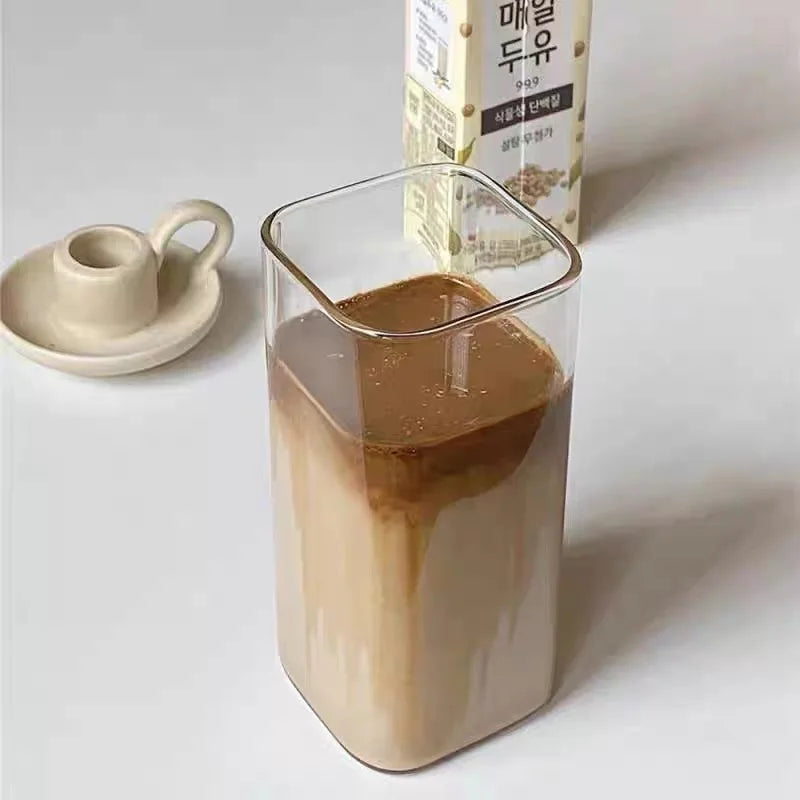 1/2Pc Square Heat Resistant Coffee Glass Cup with Lid and Straw Transparent Milk Tea Juice Cup Coffee Mug for Home Bar Drinkware