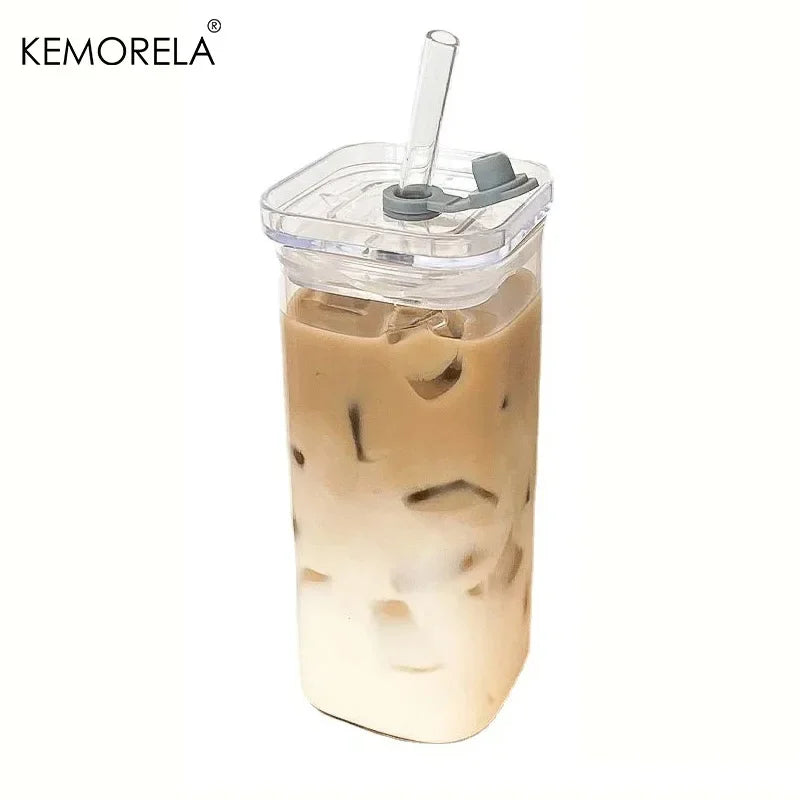 1/2Pc Square Heat Resistant Coffee Glass Cup with Lid and Straw Transparent Milk Tea Juice Cup Coffee Mug for Home Bar Drinkware